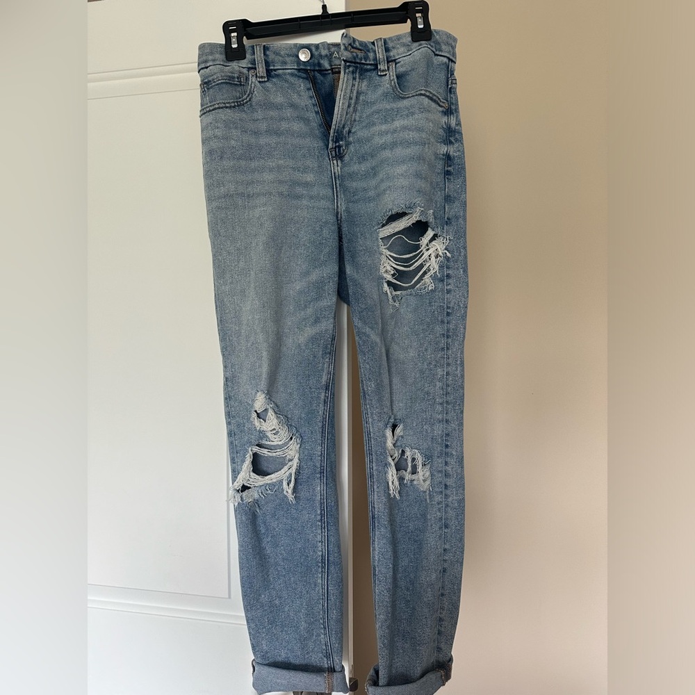 American Eagle, Stretch, Curvy Mom Jeans. Lightly distressed.
